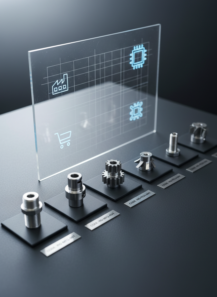 A close-up of a polished stainless-steel industrial component sample set neatly arranged on a dark graphite presentation table, each item resting on individual matte-black display pads with small engraved metal tags showing product codes. Behind them, a large transparent acrylic panel stands upright, etched with faint grid lines and subtle icons representing different industries like manufacturing, retail, and technology. Soft studio lighting from the left creates gentle specular highlights on the metal surfaces and a smooth gradient of light across the backdrop. Photographic realism with a shallow depth of field keeps the foreground components razor-sharp while the background softly blurs, conveying precision, quality, and meticulous verification of B2B suppliers.