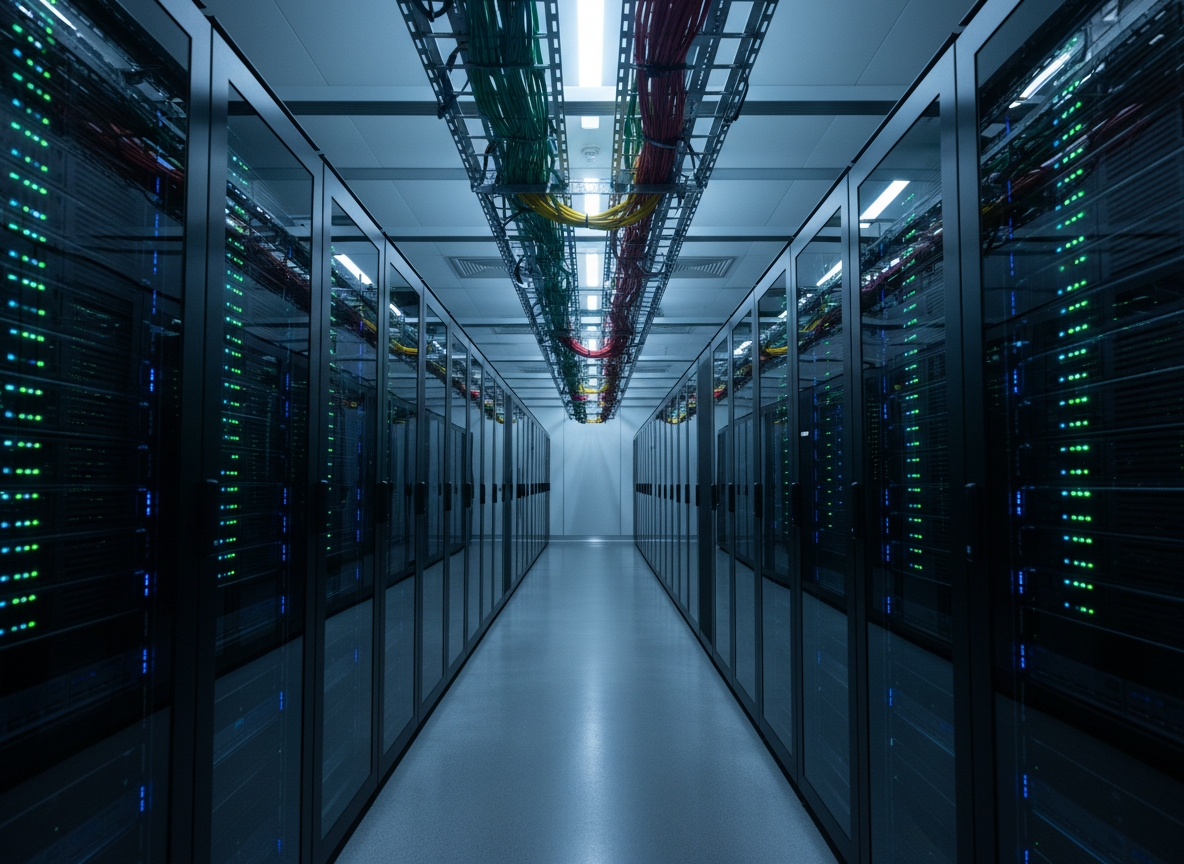 A high-tech server room representing the secure backbone of a B2B marketplace, featuring tall, matte-black server racks with glowing blue and green status LEDs in symmetrical rows. Thick, neatly bundled network cables in organized color groups run along cable trays overhead. The polished, dark gray floor subtly reflects the vertical lines of the racks, reinforcing a sense of depth and order. Cool, controlled artificial lighting creates a clean, slightly futuristic ambiance with gentle reflections on the metal and glass surfaces of the equipment. Photographic realism, captured from a central aisle at a low eye-level angle, drawing the viewer inward and communicating reliability, data security, and high-performance infrastructure for handling fast supplier inquiries.