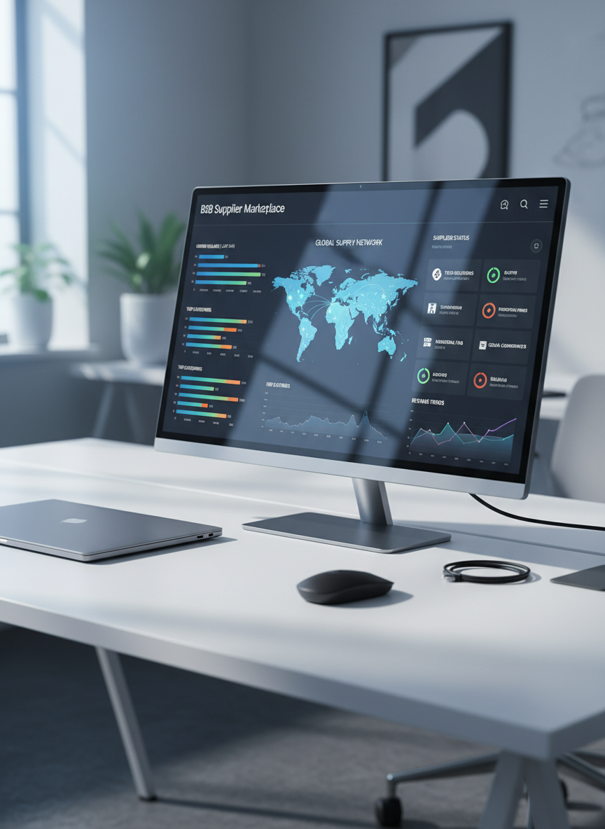 A sleek digital dashboard interface displayed on a thin, bezel-less widescreen monitor, showing real-time analytics of a B2B supplier marketplace: colorful bar charts of order volumes, world map with glowing connection nodes, and neatly organized supplier cards with status indicators. The monitor sits on a clean white desk with a brushed aluminum finish, beside a closed graphite-gray laptop and a minimalist black wireless mouse. Soft, cool daylight from an unseen window illuminates the scene, creating gentle reflections on the screen and subtle shadows on the desk. Photographic realism, shot at eye level with a shallow depth of field that softly blurs the background, conveying a professional, efficient, and highly organized digital workspace.