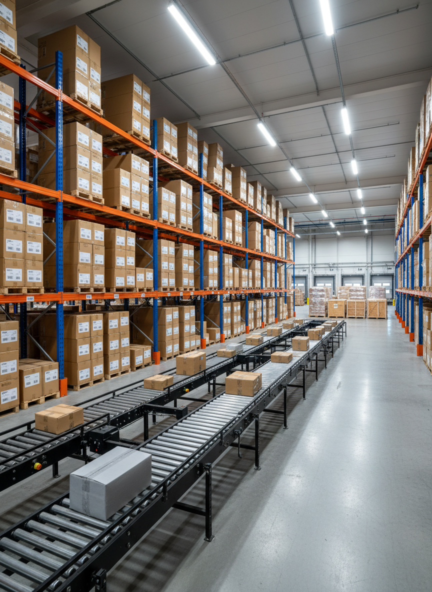An expansive logistics warehouse interior with towering blue and orange steel racks filled with uniformly stacked cardboard cartons, each marked with clear barcodes and printed supplier labels. Automated conveyor belts with matte black rollers weave through the scene, carrying sealed packages toward a distant loading bay where large shipping crates and pallets are neatly aligned. Overhead, cool white industrial LED lights cast even illumination, creating crisp highlights on metal surfaces and clean shadows along the polished concrete floor. Captured with photographic realism from a slightly elevated wide-angle perspective, the composition emphasizes scale, precision, and seamless B2B supply chain operations, evoking a mood of reliability and high-volume capability.
