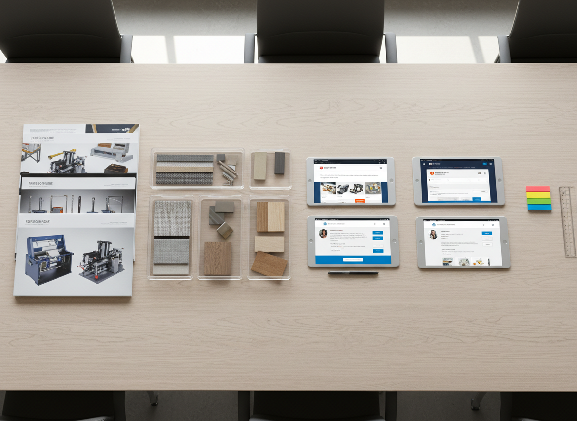 A modern conference table made of lightly grained ash wood, seen from a top-down perspective, covered with organized supplier comparison materials: neatly aligned printed catalogs with vivid product photos, sample swatches of materials in labeled trays, and three slim metallic tablets displaying different supplier profiles and quote forms. A slim black digital stylus rests across one tablet, and a transparent acrylic ruler lies beside a stack of color-coded sticky flag tabs. Diffused daylight from above creates a soft, even light with minimal shadows, emphasizing clarity and order. Photographic realism with sharp focus throughout, conveying a professional, decision-focused environment for evaluating and selecting the best B2B suppliers quickly and confidently.